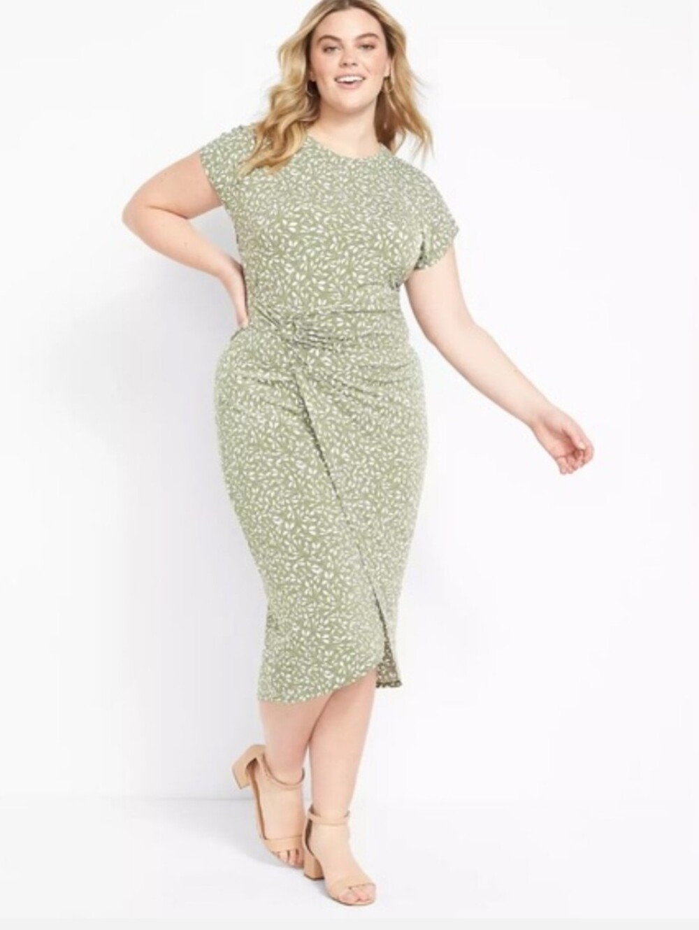 Lane Bryanr Sage Green Printed Twist-Front Midi Dress